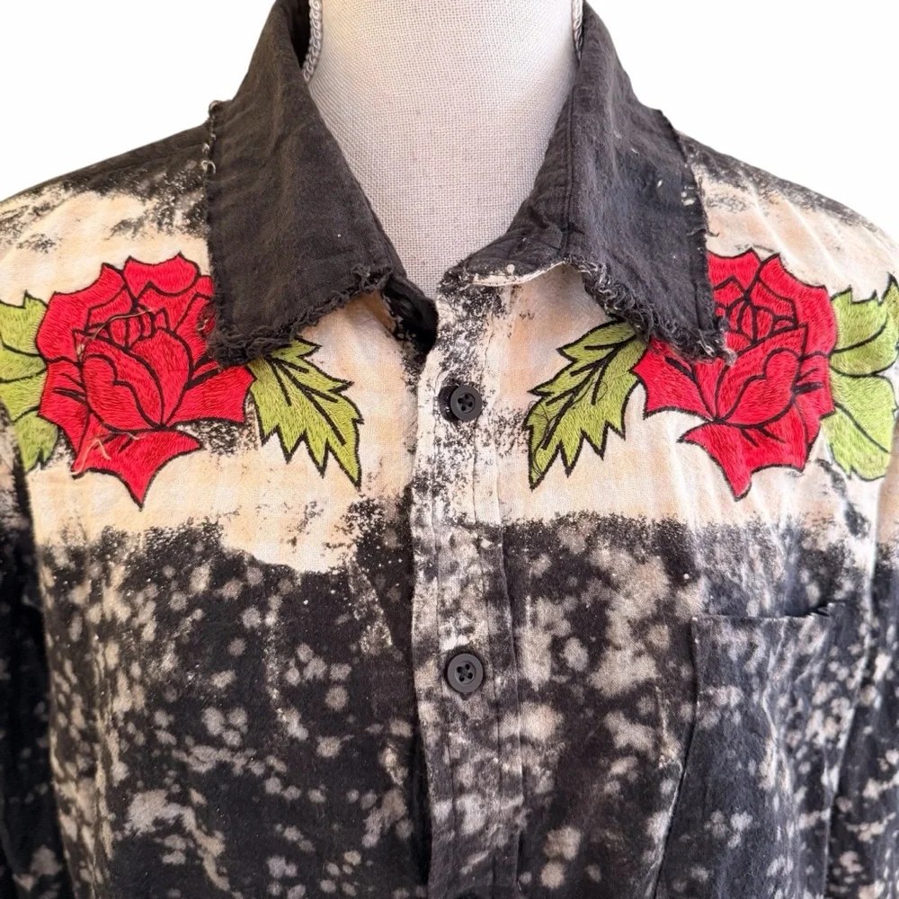 A Rare Bird "Smell the Roses" Distressed Black Flannel Shirt Rose Embroidery - Picture 3 of 12